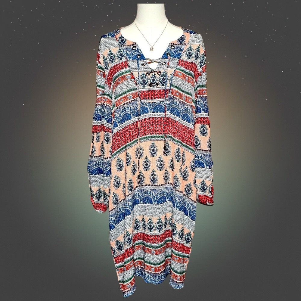 Democracy Wmns L Boho Peasant Tunic Dress Indie Folk Cottagecore‎ Bell Sleeve